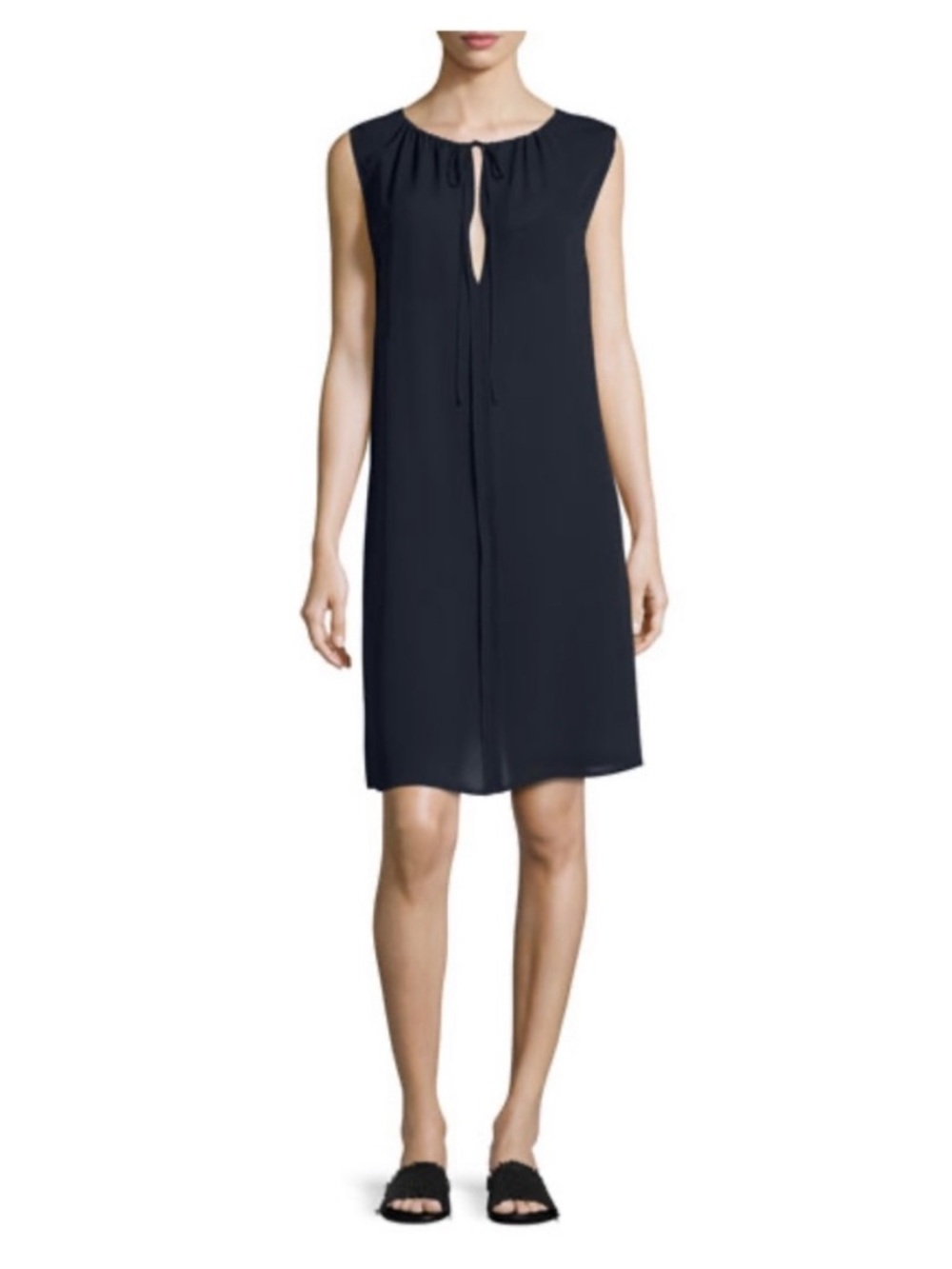 Theory Navy Silk Sleeveless Tie-Detail Shift Dress